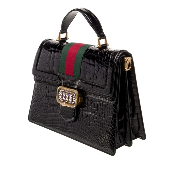 Gucci Web Top Handle Bag Medium Black Crocodile - Picture 3 of 6